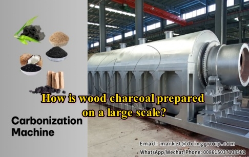 How is wood charcoal prepared on a large scale?